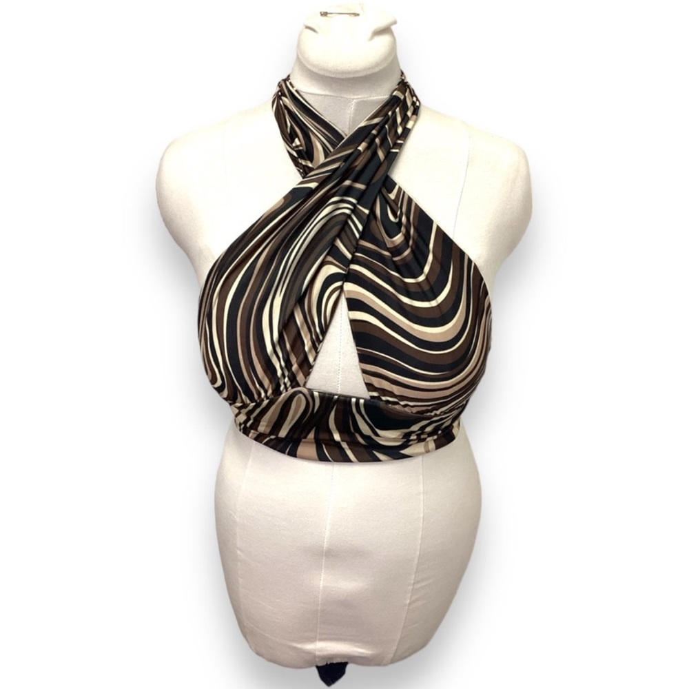 The Copper Closet Women’s Wavy Backless Halter Y2K Retro 70s Brown Tan Black M - Picture 2 of 10